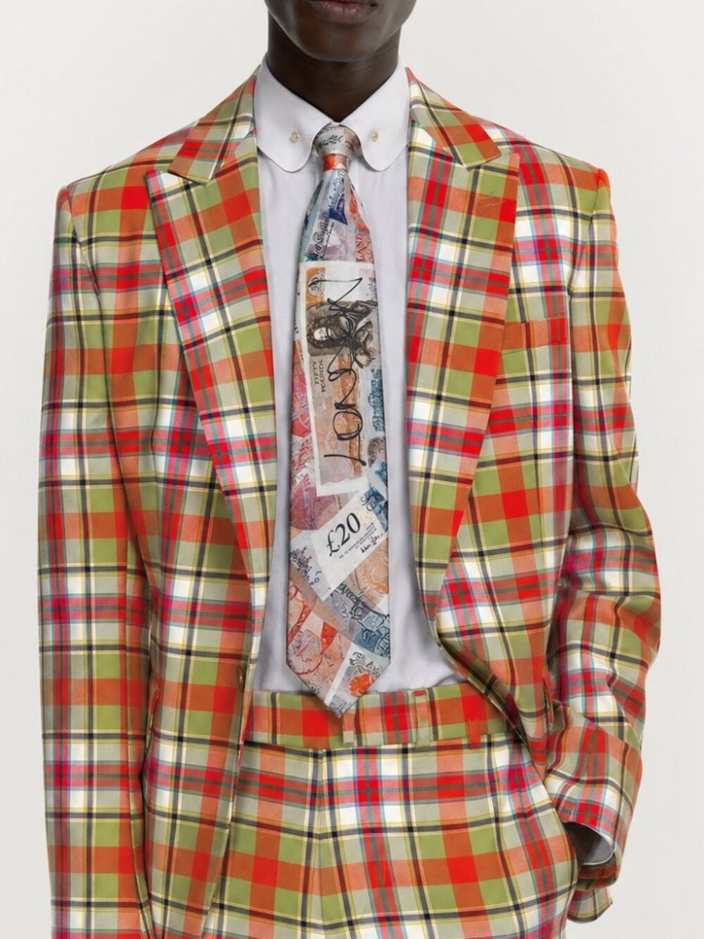 Vivienne Westwood silk tie featuring the iconic "Money" or "Currency" print. - Picture 2 of 8